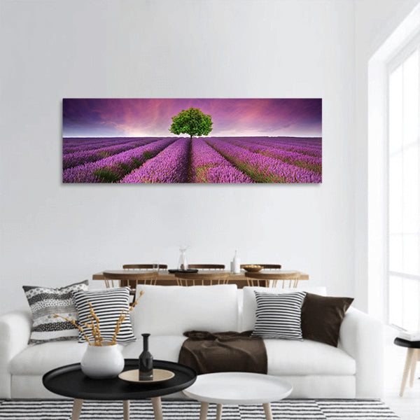 Lavender field sunset landscape with single tree panoramic canvas wall art