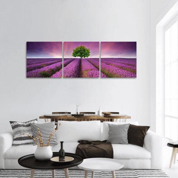 Lavender field sunset landscape with single tree panoramic canvas wall art