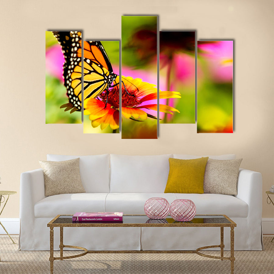 Very colorful image displaying a Monarch butterfly Multi Panel Canvas Wall Art