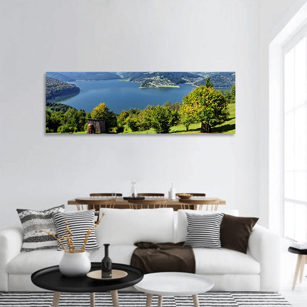 Autumn landscape with Carpathian mountain and lake, panoramic canvas wall art