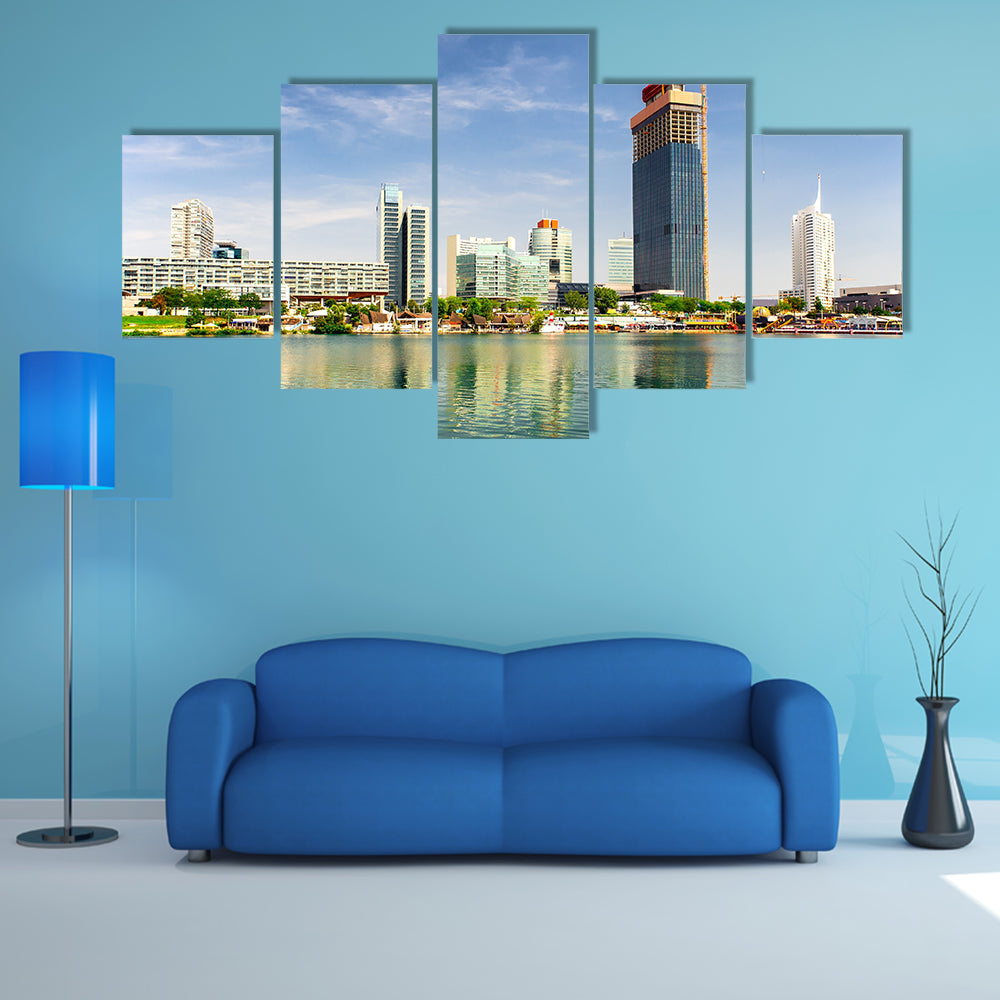 The panoramic view of the Donau City in summertime, Vienna, Austria multi panel canvas wall art