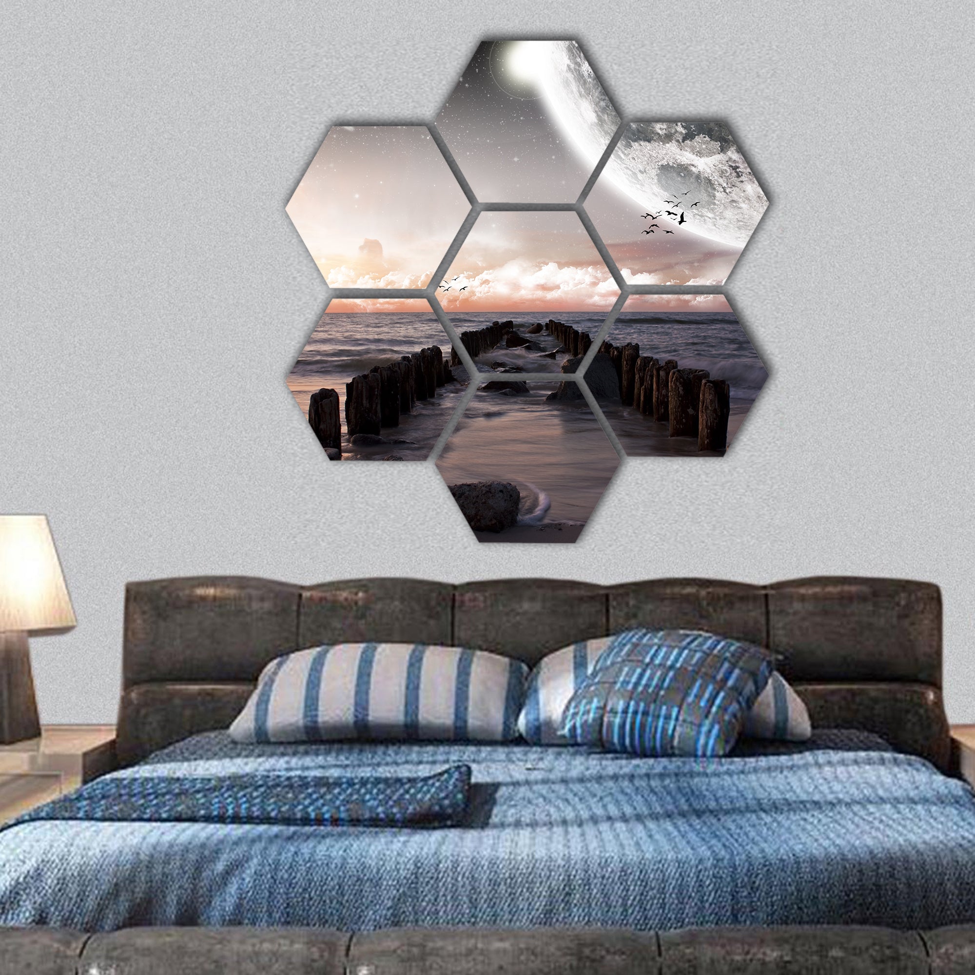 Planet landscape view from a beautiful beach hexagonal canvas wall art