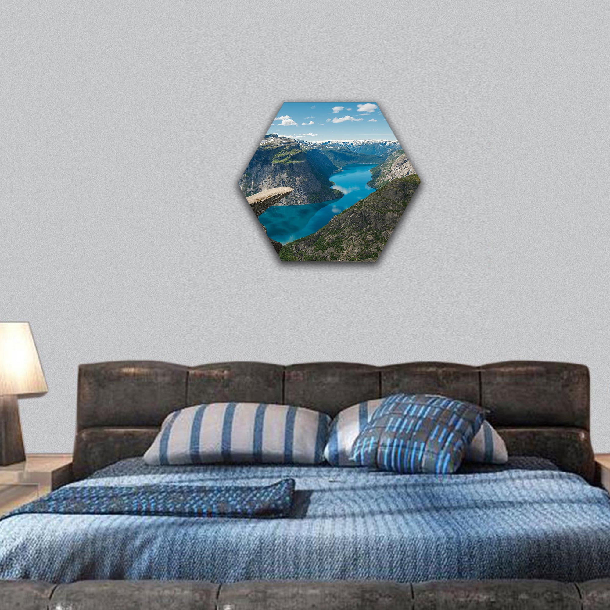 Troll's tongue rock above lake, Norway hexagonal canvas wall art