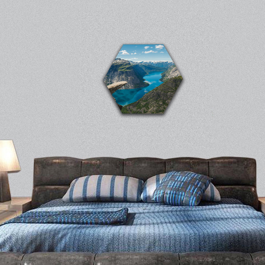Troll's tongue rock above lake, Norway hexagonal canvas wall art