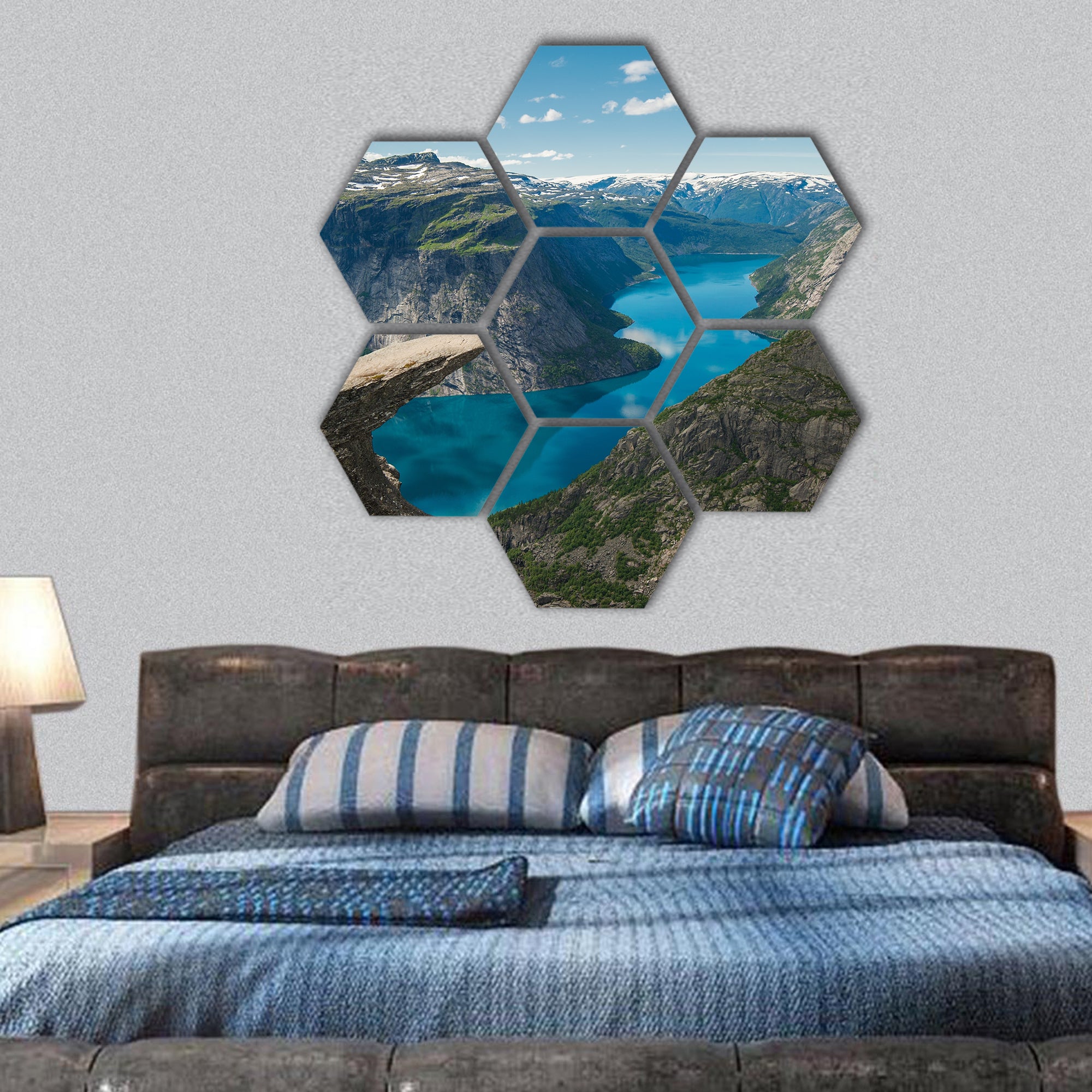 Troll's tongue rock above lake, Norway hexagonal canvas wall art