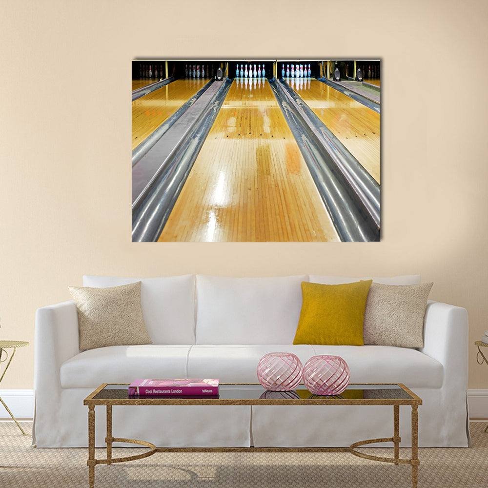 Pins at the end of bowling lane Multi panel canvas wall art
