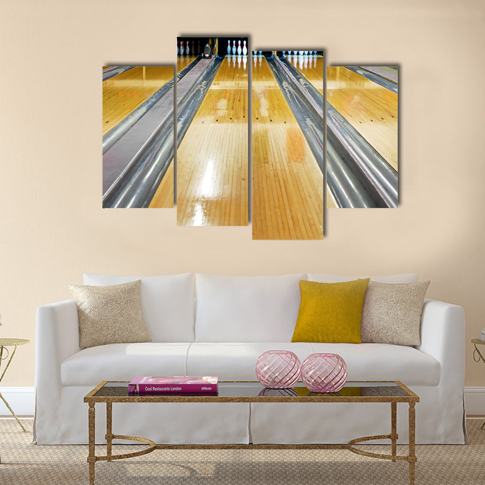 Pins at the end of bowling lane Multi panel canvas wall art