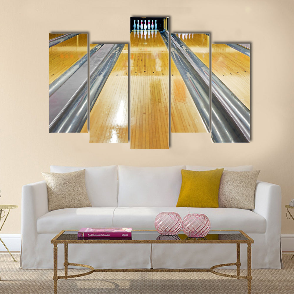 Pins at the end of bowling lane Multi panel canvas wall art