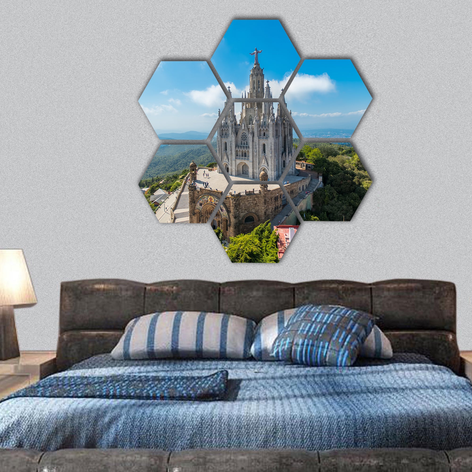 Tibidabo church on mountain in Barcelona with christ statue hexagonal canvas wall art