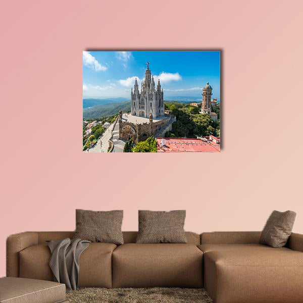 Bird view on Tibidabo church on mountain in Barcelona multi panel canvas wall art
