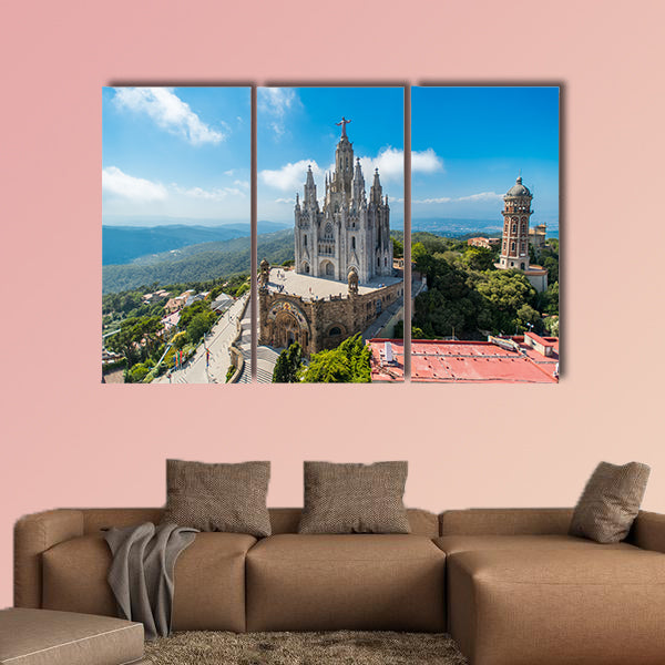 Bird view on Tibidabo church on mountain in Barcelona with christ statue overviewing the city Multi panel canvas wall art