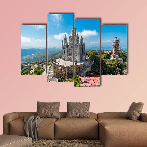 Bird view on Tibidabo church on mountain in Barcelona with christ statue overviewing the city Multi panel canvas wall art