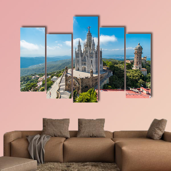 Bird view on Tibidabo church on mountain in Barcelona with christ statue overviewing the city Multi panel canvas wall art