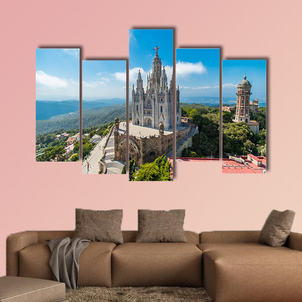 Bird view on Tibidabo church on mountain in Barcelona multi panel canvas wall art