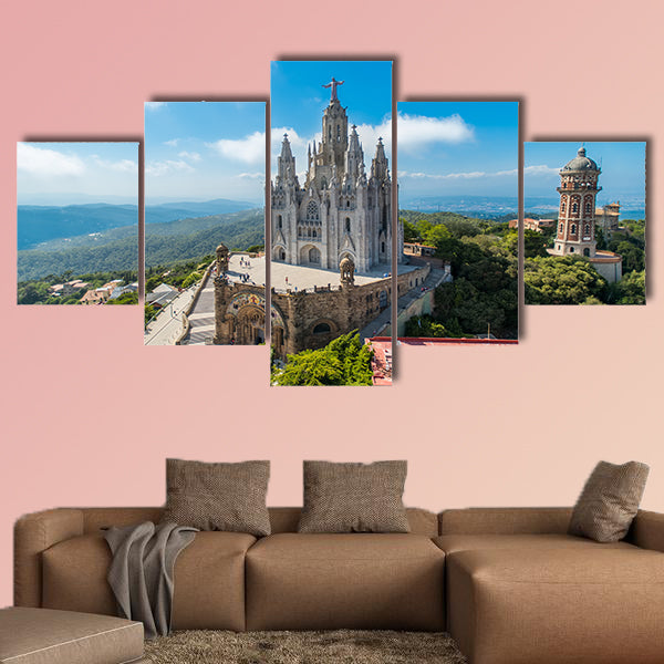 Bird view on Tibidabo church on mountain in Barcelona with christ statue overviewing the city Multi panel canvas wall art