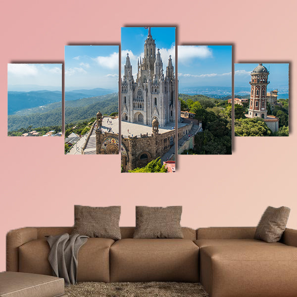 Bird view on Tibidabo church on mountain in Barcelona multi panel canvas wall art