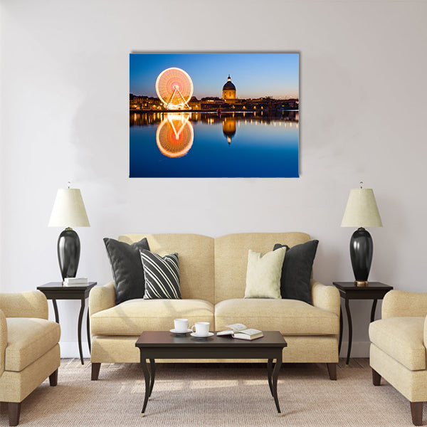 Big wheel in the evening in Toulouse city ancient center Multi Panel Canvas Wall Art