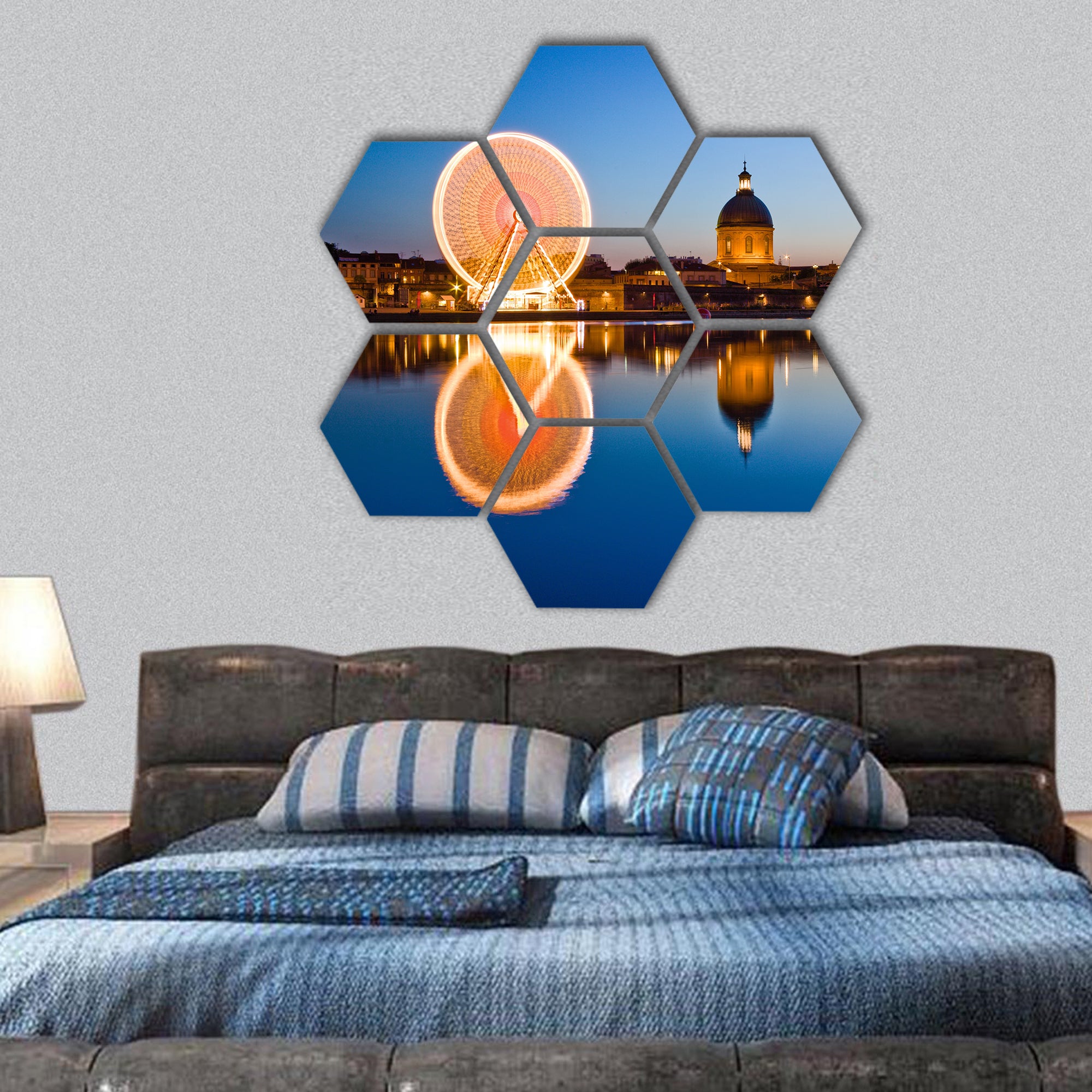 Big wheel in the evening in Toulouse city ancient center hexagonal canvas wall art
