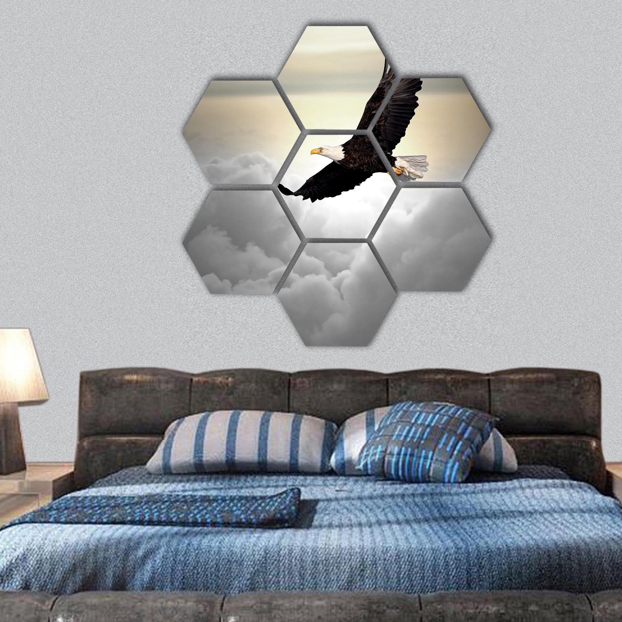 Bald eagle flying above the clouds hexagonal canvas wall art