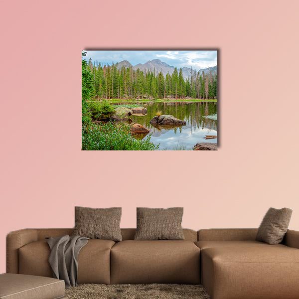 Vista of Nymph Lake in Rocky Mt National Park with reflections multi panel canvas wall art