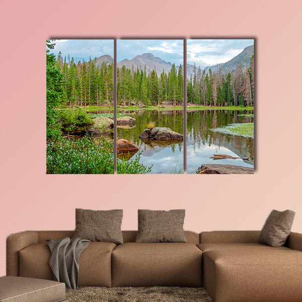 Vista of Nymph Lake in Rocky Mt National Park with reflections multi panel canvas wall art