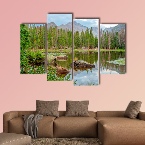 Vista of Nymph Lake in Rocky Mt National Park with reflections multi panel canvas wall art