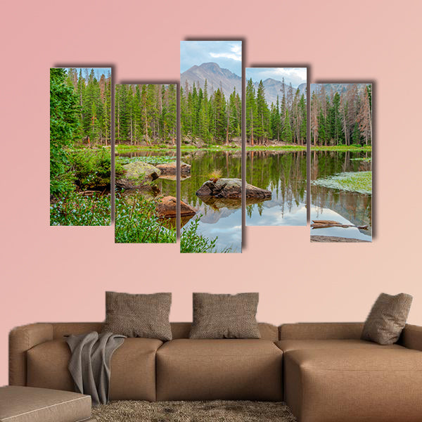 Vista of Nymph Lake in Rocky Mt National Park with reflections multi panel canvas wall art