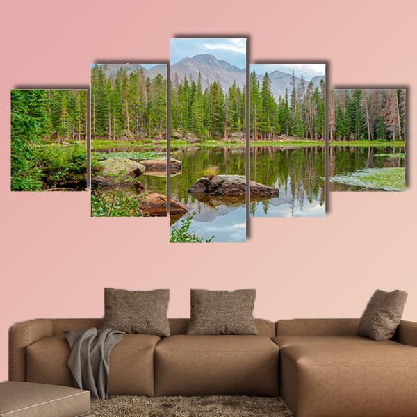 Vista of Nymph Lake in Rocky Mt National Park with reflections multi panel canvas wall art