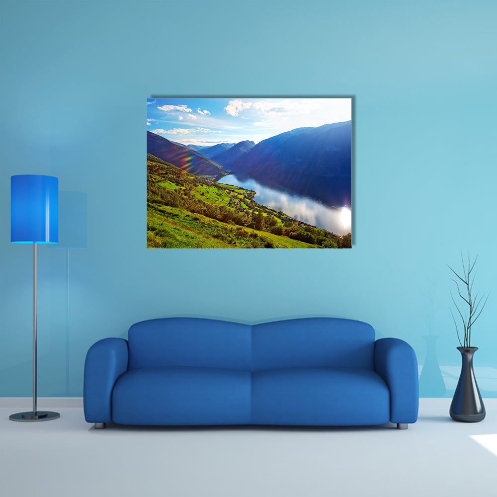 Norway fjord landscape with sun rays multi panel canvas wall art