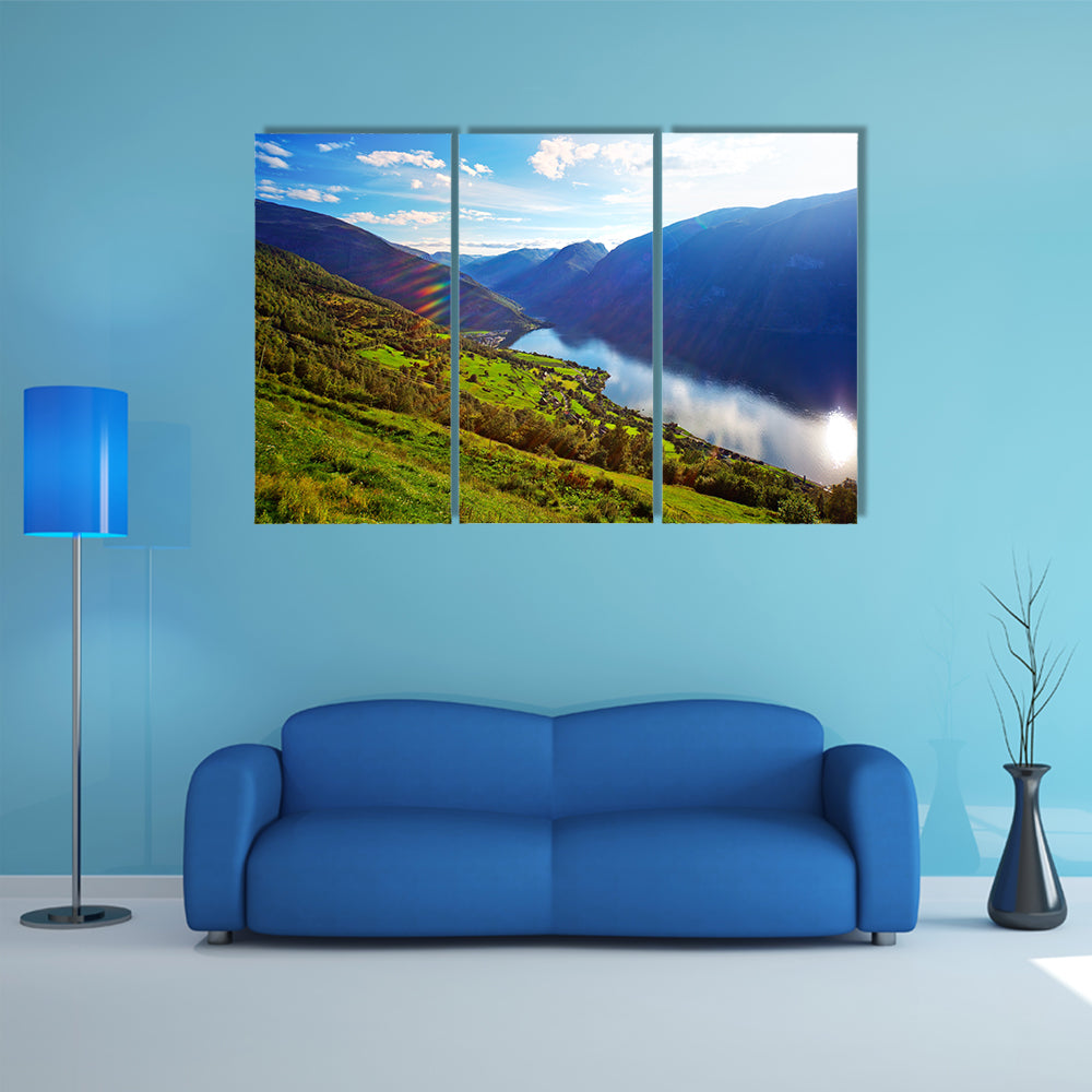 Norway fjord landscape with sun rays multi panel canvas wall art