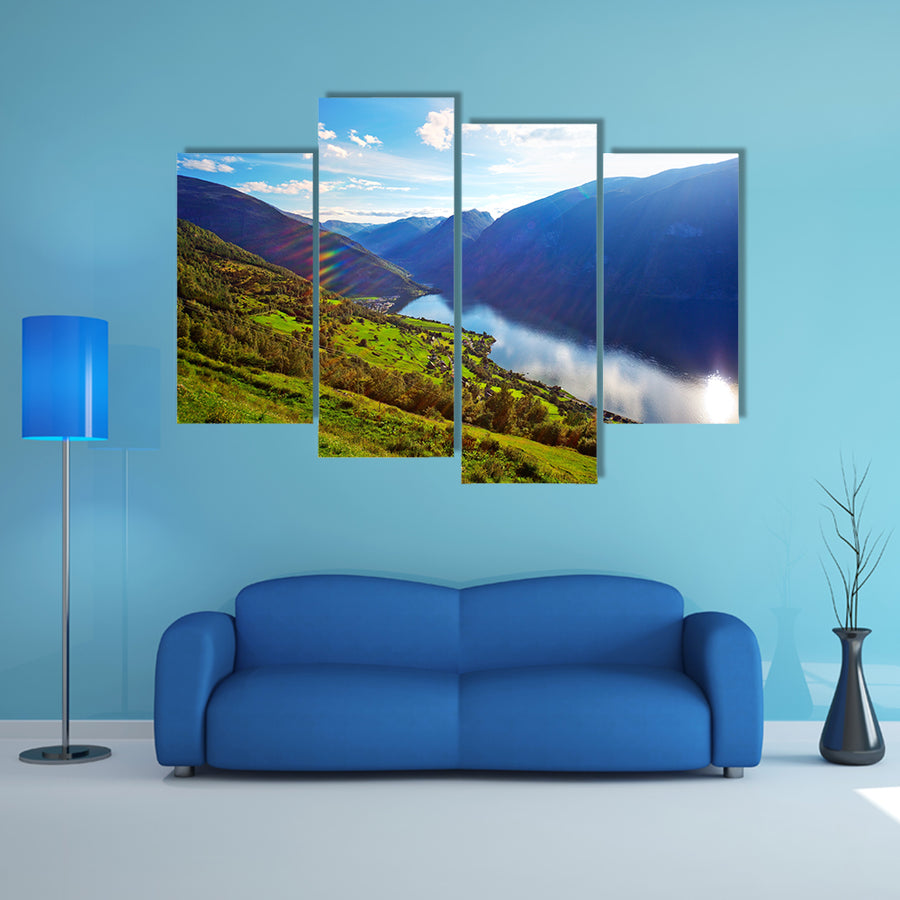 Norway fjord landscape with sun rays multi panel canvas wall art
