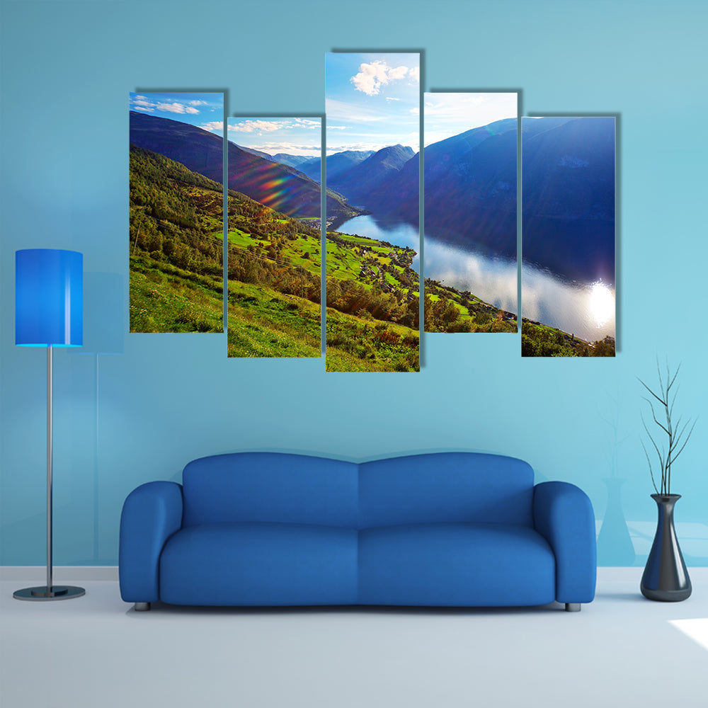 Norway fjord landscape with sun rays multi panel canvas wall art