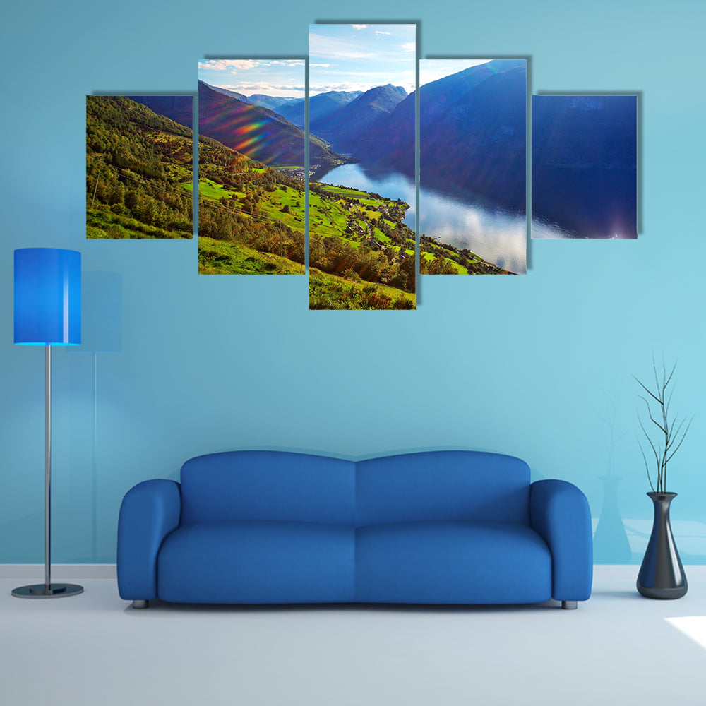Norway fjord landscape with sun rays multi panel canvas wall art