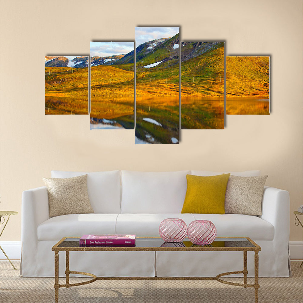 Mountains and lake view in Norway multi panel canvas wall art