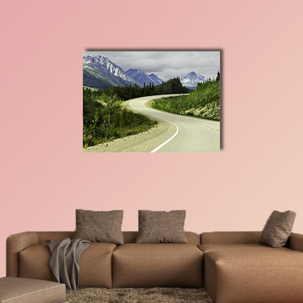 Curved asphalt road in high mountains of Alaska multi panel canvas wall art