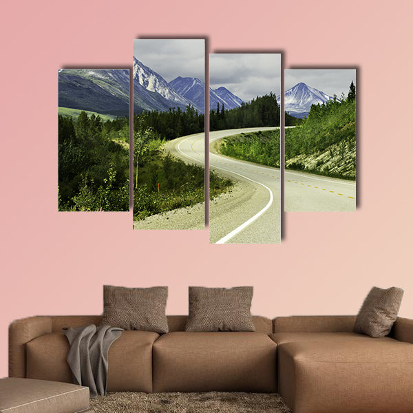 Curved asphalt road in high mountains of Alaska multi panel canvas wall art