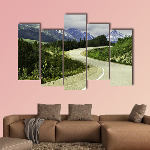 Curved asphalt road in high mountains of Alaska multi panel canvas wall art
