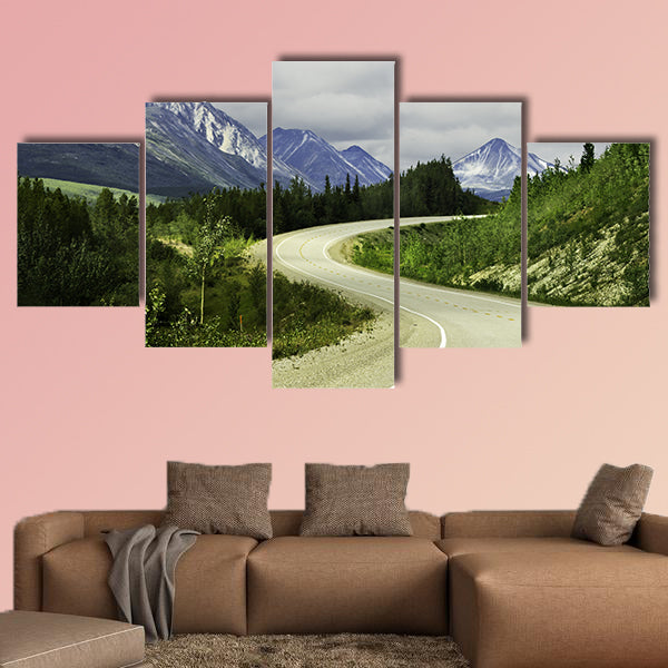 Curved asphalt road in high mountains of Alaska multi panel canvas wall art