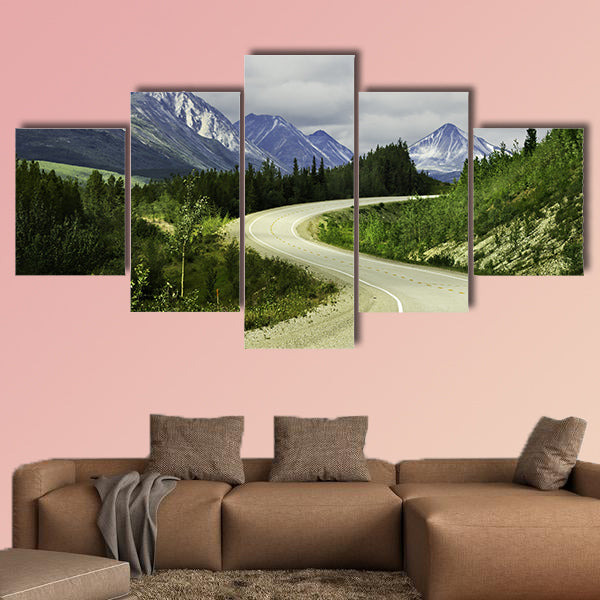Curved asphalt road in high mountains of Alaska multi panel canvas wall art