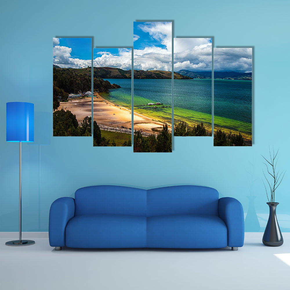 The beautiful deep green and blue colors of Lake Tota Multi Panel Canvas Wall Art