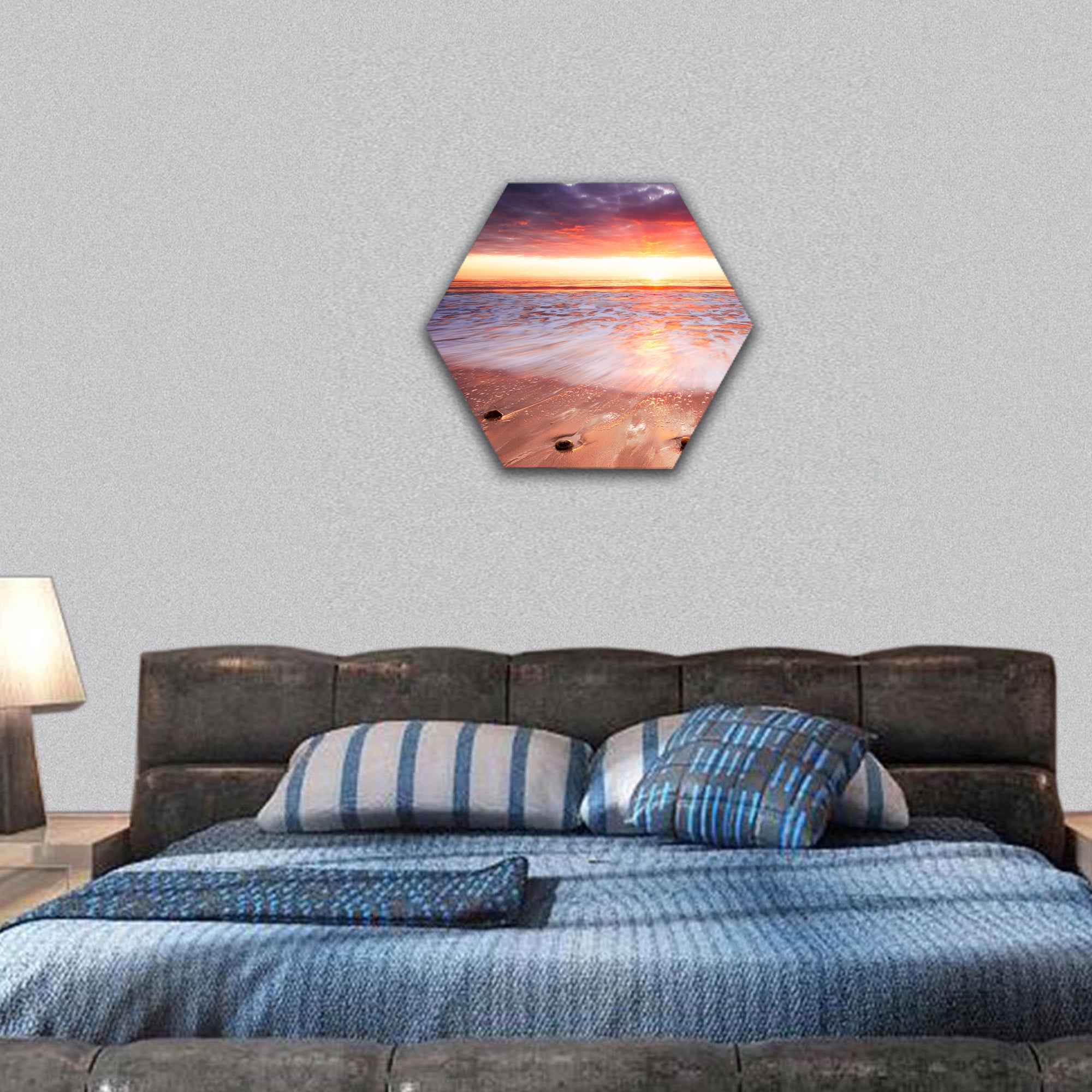 Glorious Sunset lights up the surf hexagonal canvas wall art