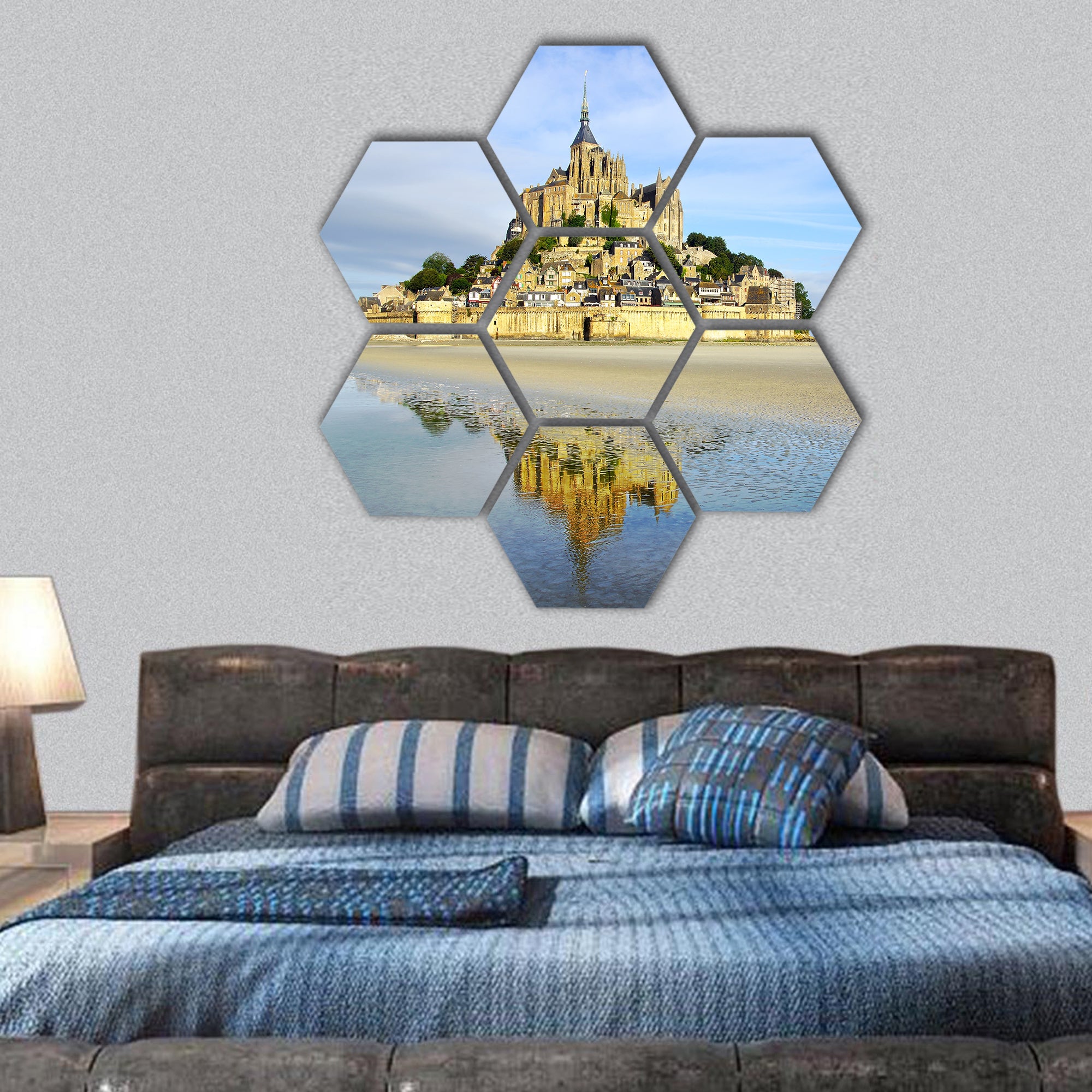 Landscape with Mont Saint Michel abbey Normandy, France hexagonal canvas wall art