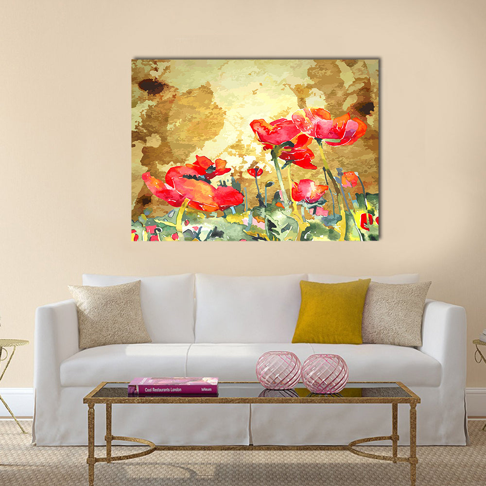 Original watercolor poppy flower in gold background Multi Panel Canvas Wall Art
