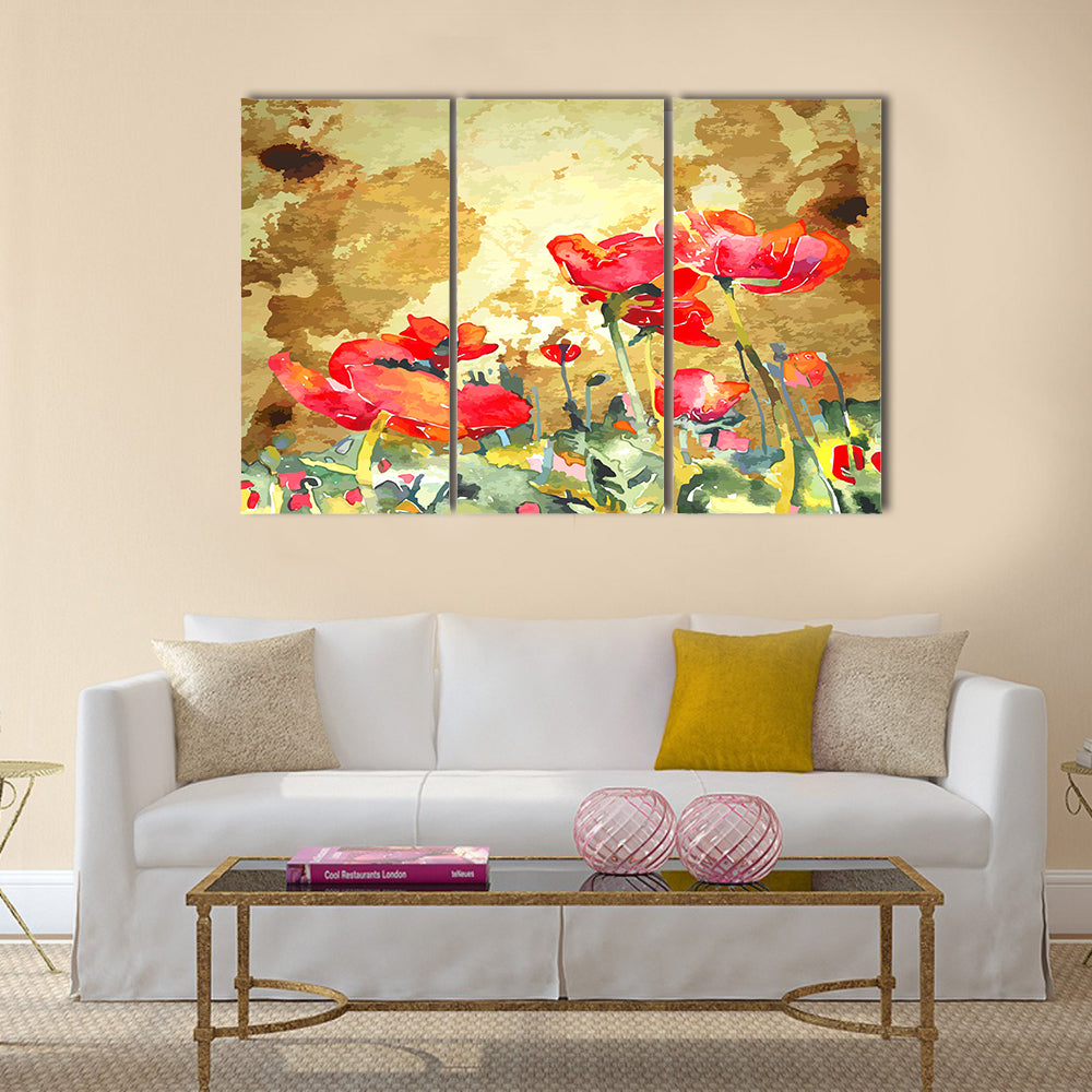 Original watercolor poppy flower in gold background Multi Panel Canvas Wall Art