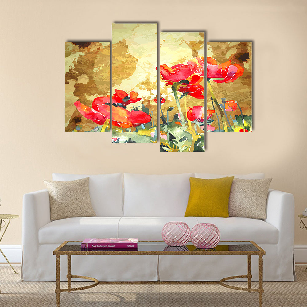 Original watercolor poppy flower in gold background Multi Panel Canvas Wall Art