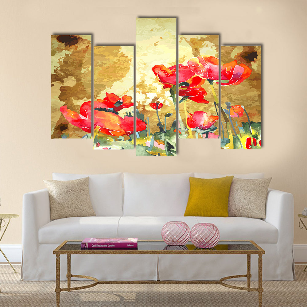 Original watercolor poppy flower in gold background Multi Panel Canvas Wall Art