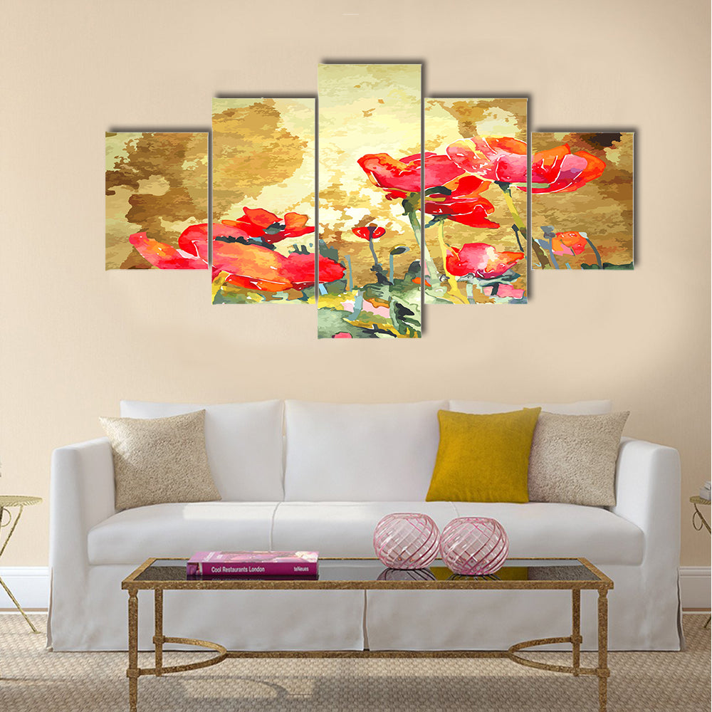 Original watercolor poppy flower in gold background Multi Panel Canvas Wall Art