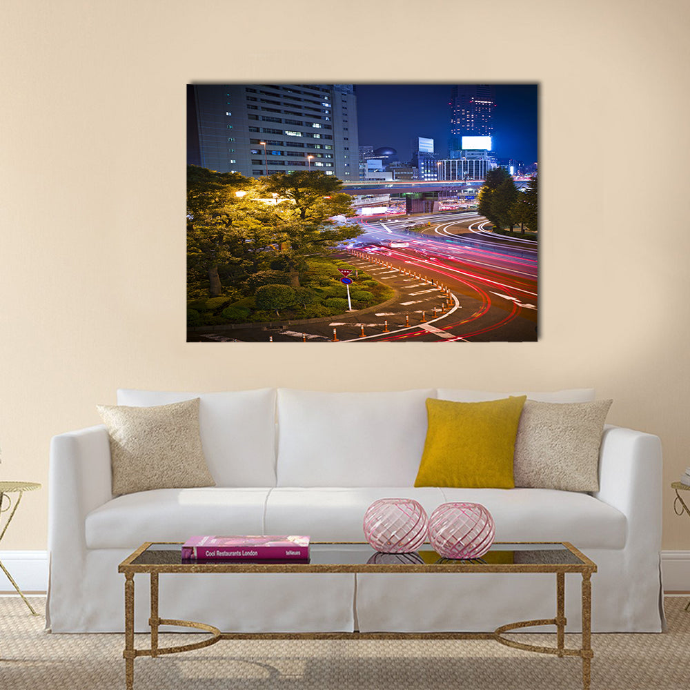 City night scene with car motion lights in Tokyo Multi Panel Canvas Wall Art
