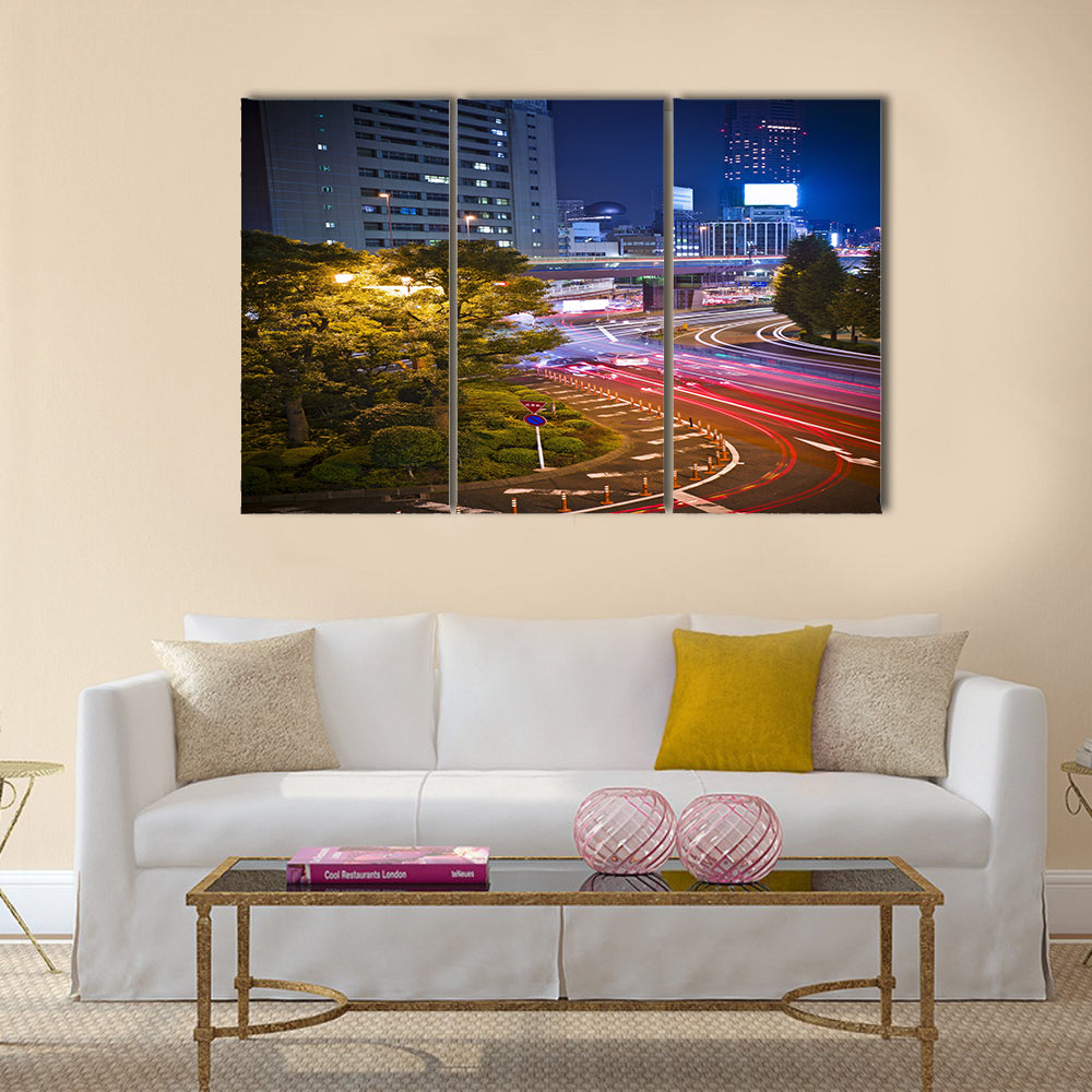 City night scene with car motion lights in Tokyo Multi Panel Canvas Wall Art