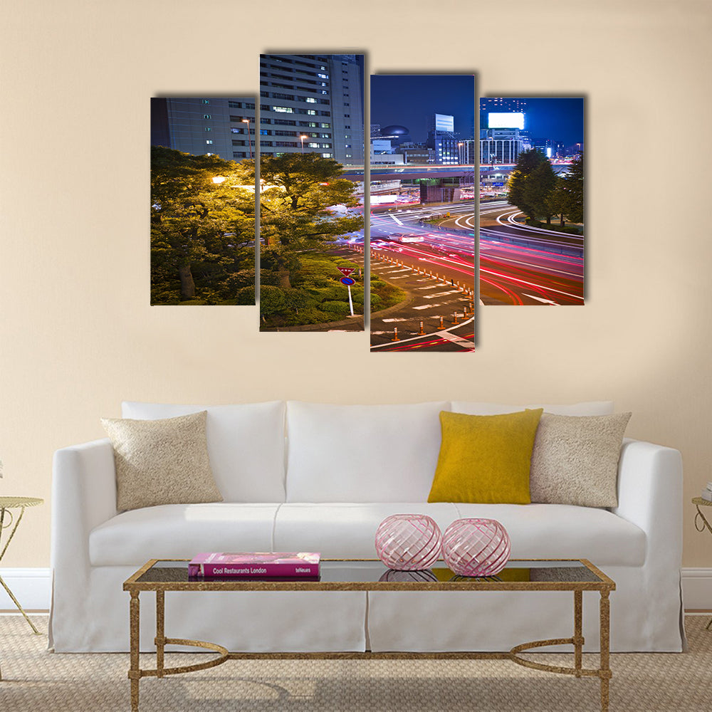 City night scene with car motion lights in Tokyo Multi Panel Canvas Wall Art